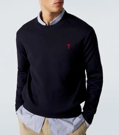 Ami Alexandre Mattiussi Ami Paris Men Blue Crewneck Sweater With Adc Embroidery On The Front In Wool Blend Man