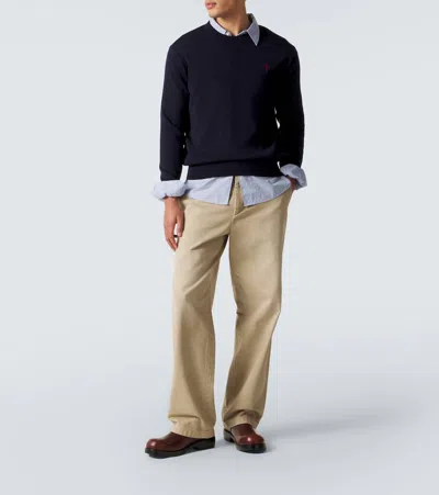 Ami Alexandre Mattiussi Ami Paris Men Blue Crewneck Sweater With Adc Embroidery On The Front In Wool Blend Man