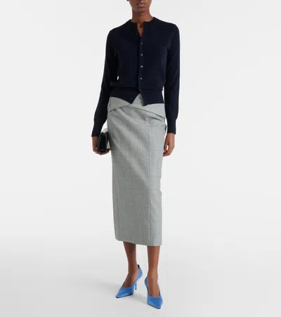 Victoria Beckham Checked Virgin Wool Midi Skirt In Gray