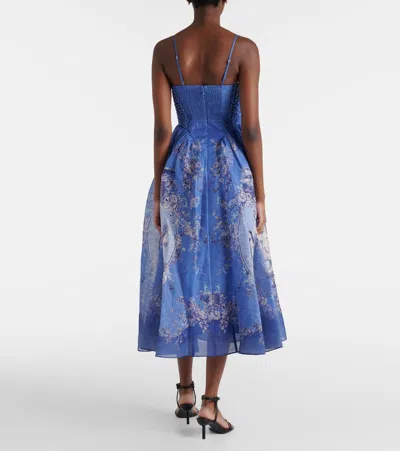 Zimmermann Rebellion Lace-up Embellished Pleated Gathered Printed Linen And Silk-blend Midi Dress In Blue