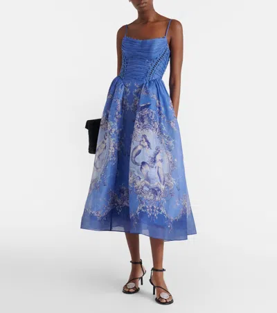 Zimmermann Rebellion Lace-up Embellished Pleated Gathered Printed Linen And Silk-blend Midi Dress In Blue