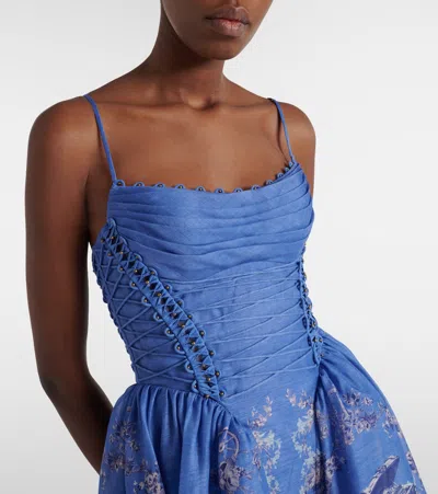 Zimmermann Rebellion Lace-up Embellished Pleated Gathered Printed Linen And Silk-blend Midi Dress In Blue