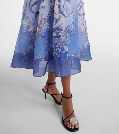 Zimmermann Rebellion Lace-up Embellished Pleated Gathered Printed Linen And Silk-blend Midi Dress In Blue