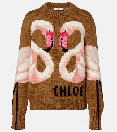 Chloé Hand Knit Flamingo Intarsia Wool Crewneck Sweater In Brown