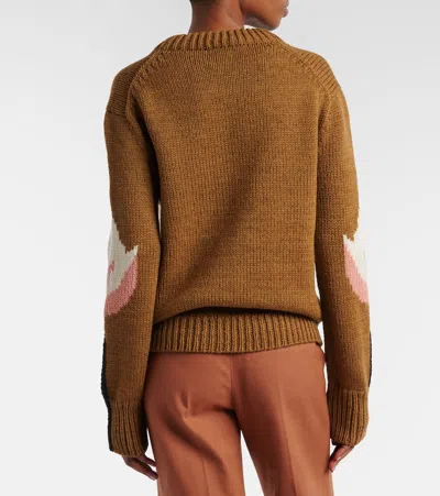 Chloé Hand Knit Flamingo Intarsia Wool Crewneck Sweater In Brown