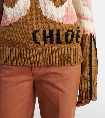 Chloé Hand Knit Flamingo Intarsia Wool Crewneck Sweater In Brown