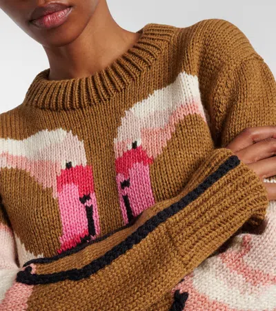 Chloé Hand Knit Flamingo Intarsia Wool Crewneck Sweater In Brown