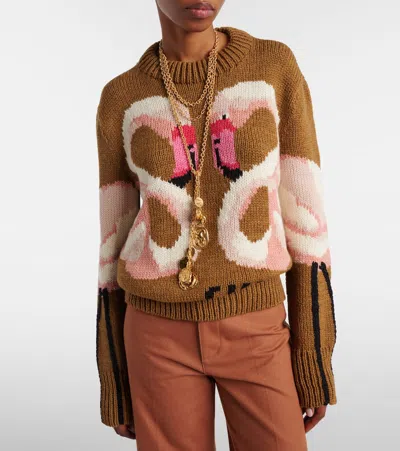 Chloé Hand Knit Flamingo Intarsia Wool Crewneck Sweater In Brown