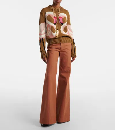 Chloé Hand Knit Flamingo Intarsia Wool Crewneck Sweater In Brown