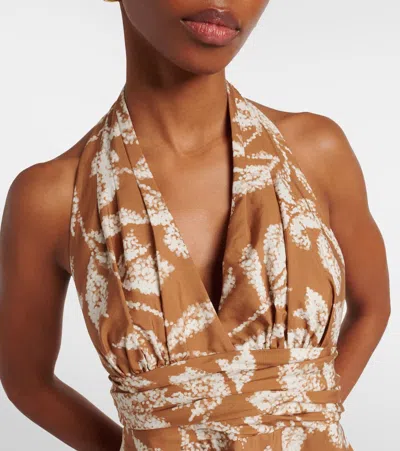 Max Mara Halterneck Printed Cotton Midi Dress In Brown