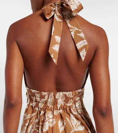 Max Mara Halterneck Printed Cotton Midi Dress In Brown