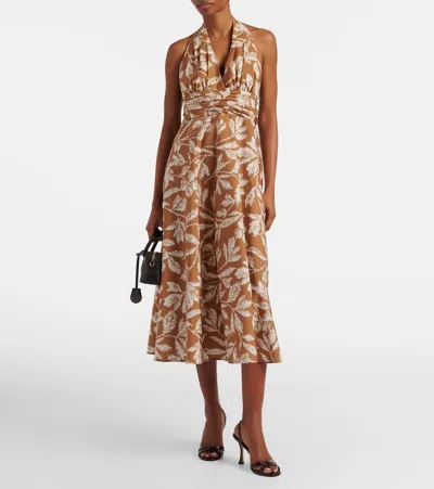 Max Mara Halterneck Printed Cotton Midi Dress In Brown