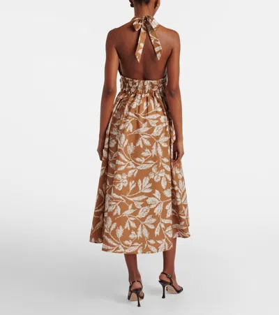 Max Mara Halterneck Printed Cotton Midi Dress In Brown