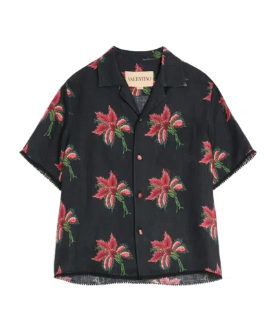 Valentino Camp Collar Shirt Floral Pattern Short Sleeves In Blue