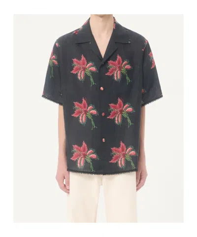 Valentino Camp Collar Shirt Floral Pattern Short Sleeves In Blue