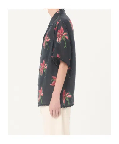 Valentino Camp Collar Shirt Floral Pattern Short Sleeves In Blue