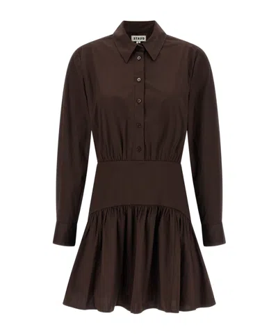 Staud Long Sleeve Gathered Detail Dress In Brown