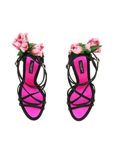 Shop Dolce & Gabbana Satin Sandals With Flowers In Nero Rosa|nero