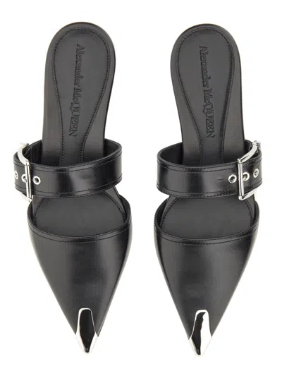 Alexander Mcqueen Leather Pointed Mules With Buckle In Black