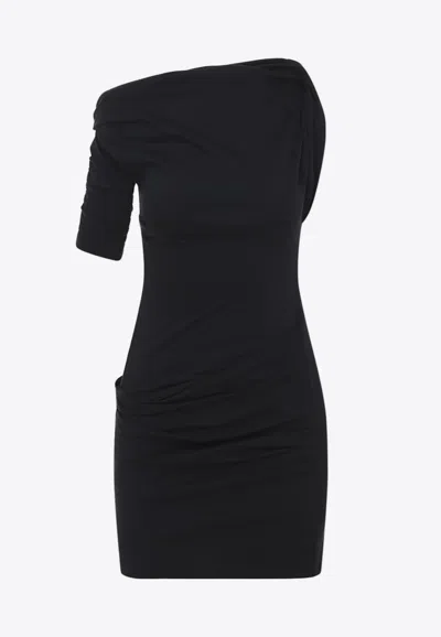 Jacquemus Asymmetrical One-shoulder Bodycon Mini Dress With Ruched Sleeve In Black