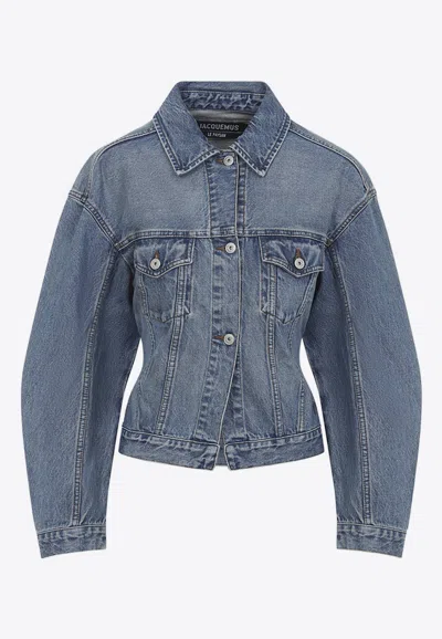 Jacquemus Classic Cotton Denim Jacket With Tailored Hem And Chest Pockets In Blue