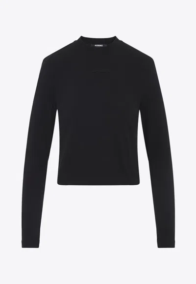 Jacquemus Cropped Long-sleeved T-shirt With Grosgrain Logo Detail In Black