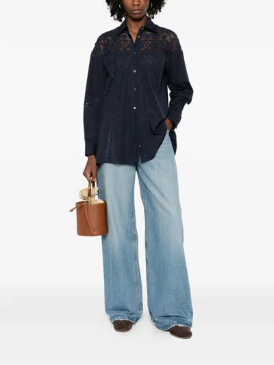 Loewe Sheer Lace Button Down Blouse In Blue