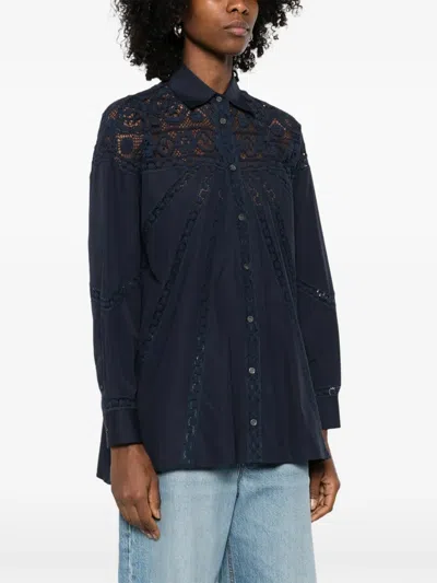 Loewe Sheer Lace Button Down Blouse In Blue