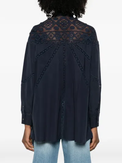 Loewe Sheer Lace Button Down Blouse In Blue