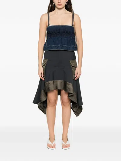 Sacai Denim Pullover Top Adjustable Straps Ruffles In Blue