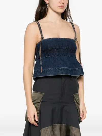 Sacai Denim Pullover Top Adjustable Straps Ruffles In Blue