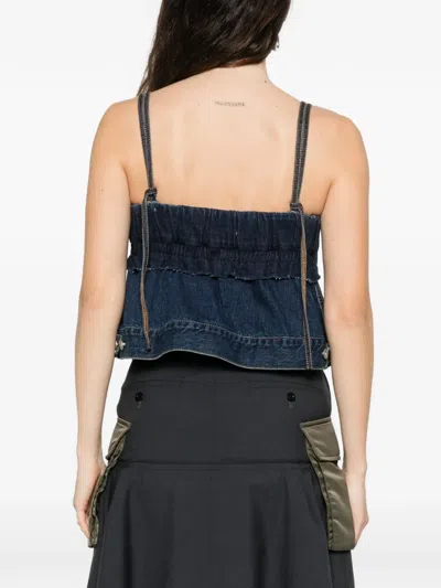 Sacai Denim Pullover Top Adjustable Straps Ruffles In Blue
