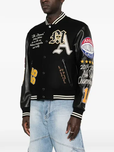Amiri Appliquéd Embroidered Leather And Wool-blend Varsity Jacket In Black