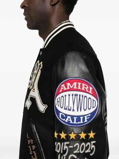Amiri Appliquéd Embroidered Leather And Wool-blend Varsity Jacket In Black