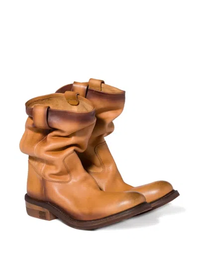 Miu Miu Leather Ankle Boots Round Toe Pull Tab In Brown