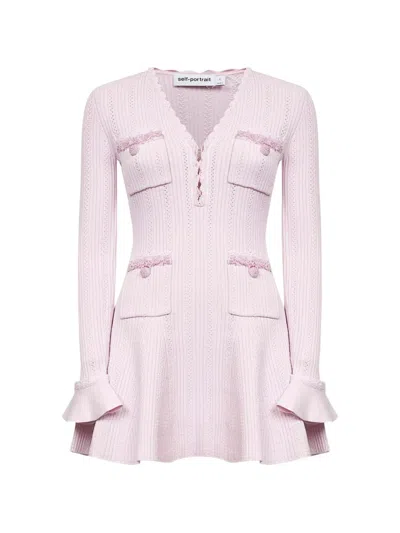 Self-portrait Neutrals Textured Knit Flared Sleeves Mini Dress In Pink