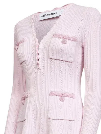 Self-portrait Neutrals Textured Knit Flared Sleeves Mini Dress In Pink