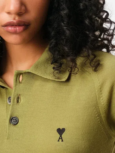 Ami Alexandre Mattiussi Green Wool Short Sleeves Ami De Coeur Polo Green