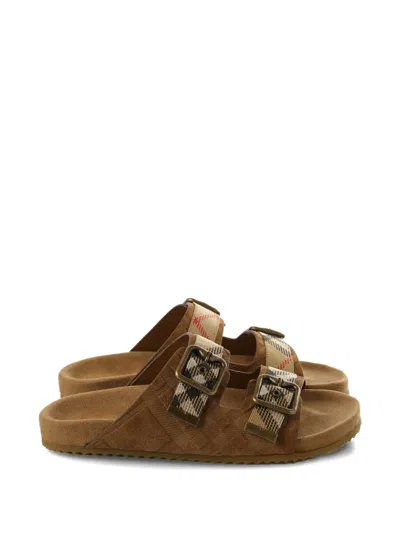 Burberry Check Pattern Flat Sandals Dual Straps In Brown