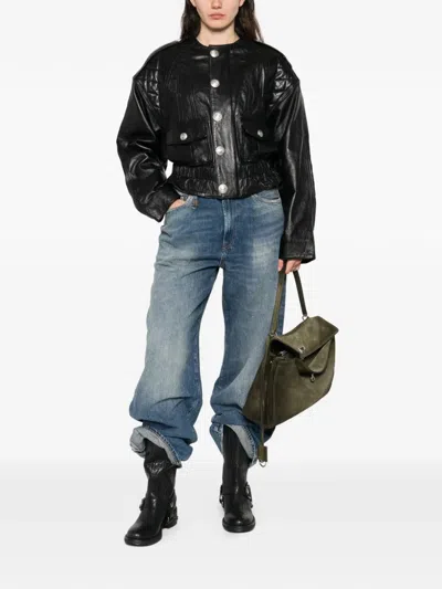 R13 Quilted Button Leather Jacket In Black