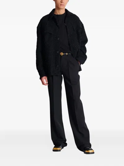 Balmain Monogram Tweed Overshirt In Black