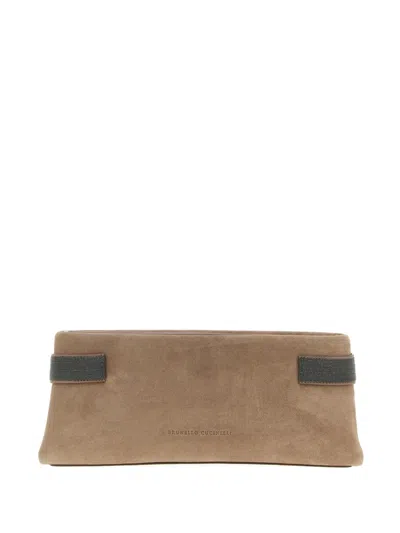 Brunello Cucinelli Essence Rectangular Suede Pouch Top Handle In Nude