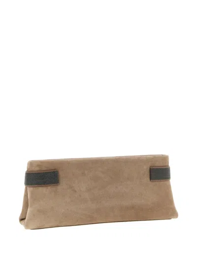 Brunello Cucinelli Essence Rectangular Suede Pouch Top Handle In Nude