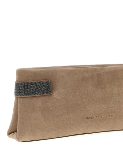 Brunello Cucinelli Essence Rectangular Suede Pouch Top Handle In Nude