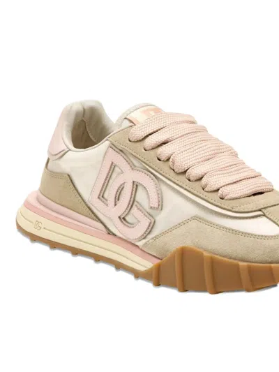 Dolce & Gabbana Dg Athletic Sneakers In Ivory And Pink Fabric And Leather In Multi