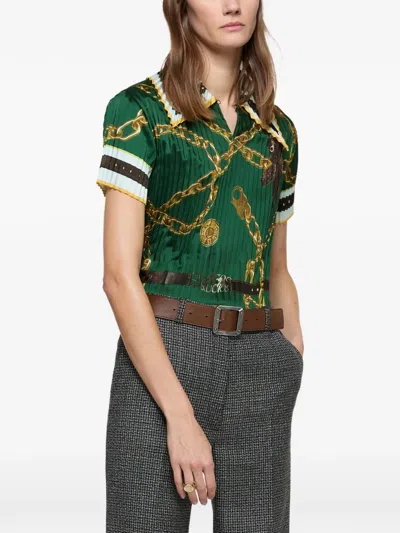 Acne Studios Syndia Pleated Printed Twill Polo Shirt In Green