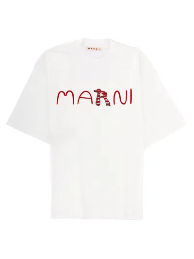 Marni Cotton T-shirt With Flocked Animal Alphabet Logo In White