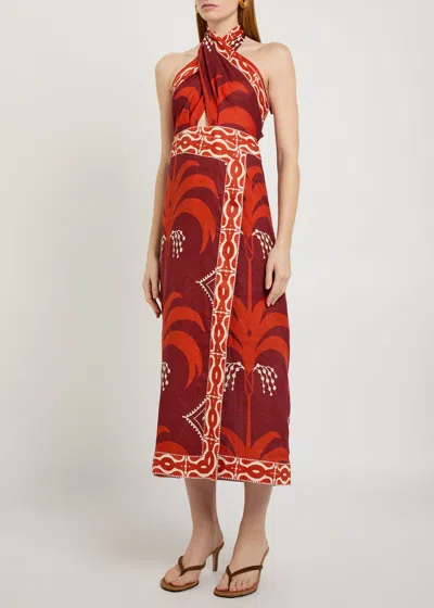 Johanna Ortiz Cutout Printed Linen Halterneck Maxi Dress In Red