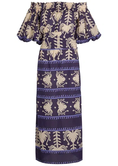 Johanna Ortiz Harbour Hues Patterned Cotton-poplin Midi Dress In Blue