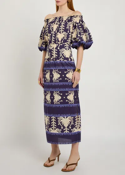 Johanna Ortiz Harbour Hues Patterned Cotton-poplin Midi Dress In Blue